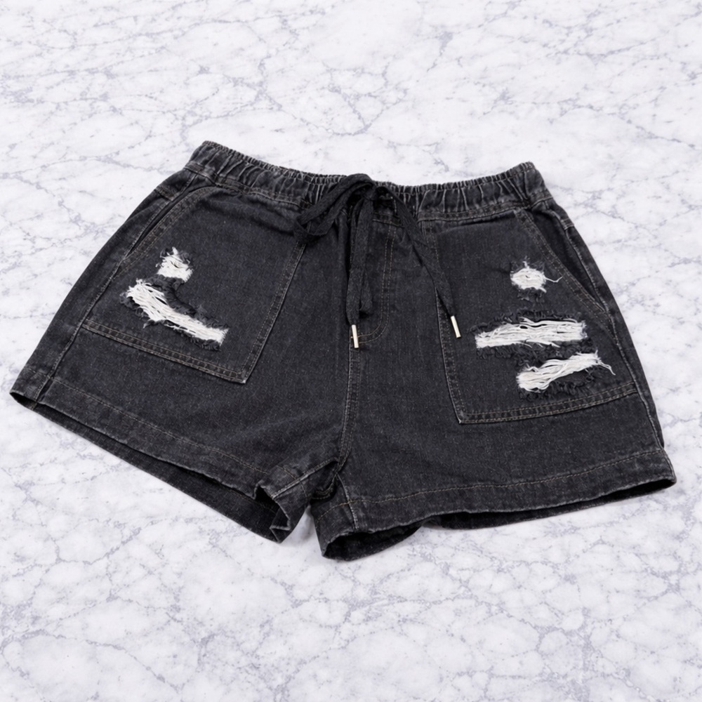 White Birch Distressed Denim Shorts Drawstring Stretch Waist S,M,L,XL NWOT